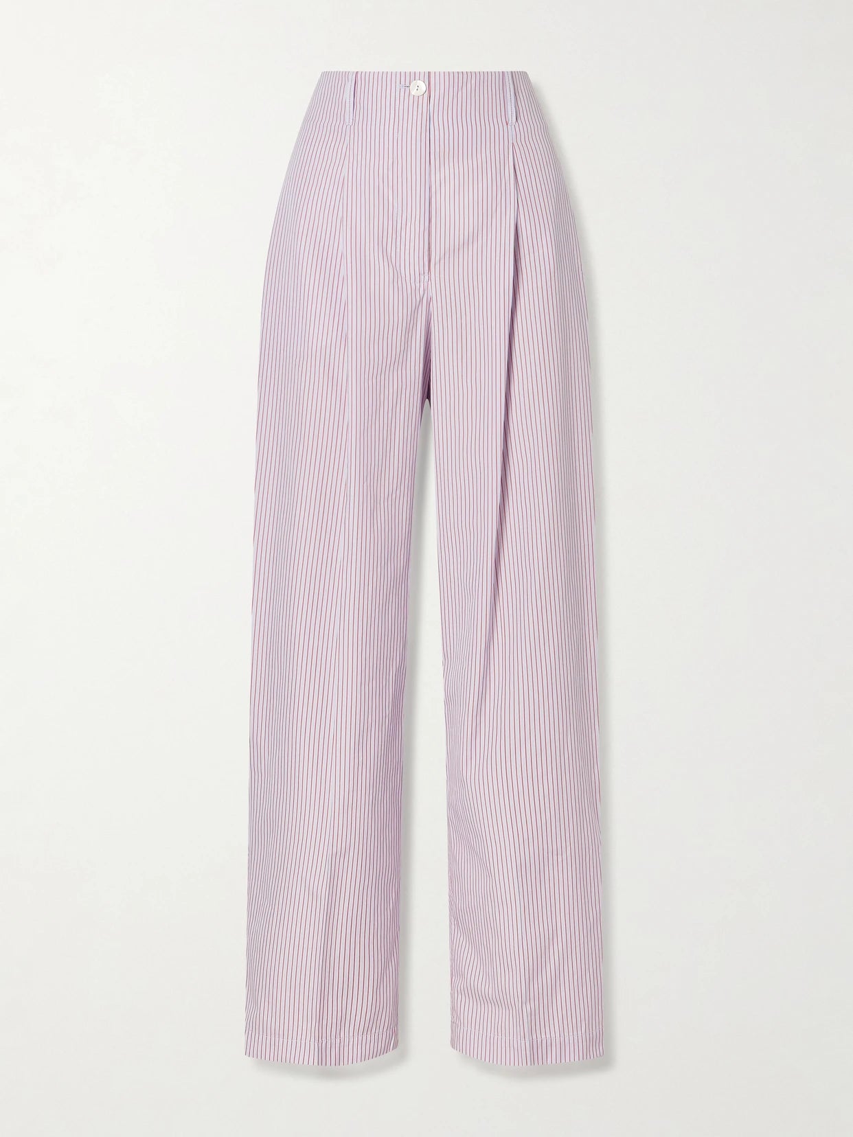 Image of a model wearing Pants. Product name - Dean Pleated Striped Organic Cotton-poplin Wide-leg Pants in Purple colour by brand - RÙADH