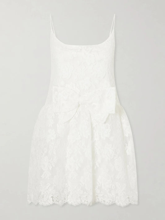 Image of Dresses. Product name - Bow-detailed Lace Mini Dress in White colour by brand - SHUSHU/TONG