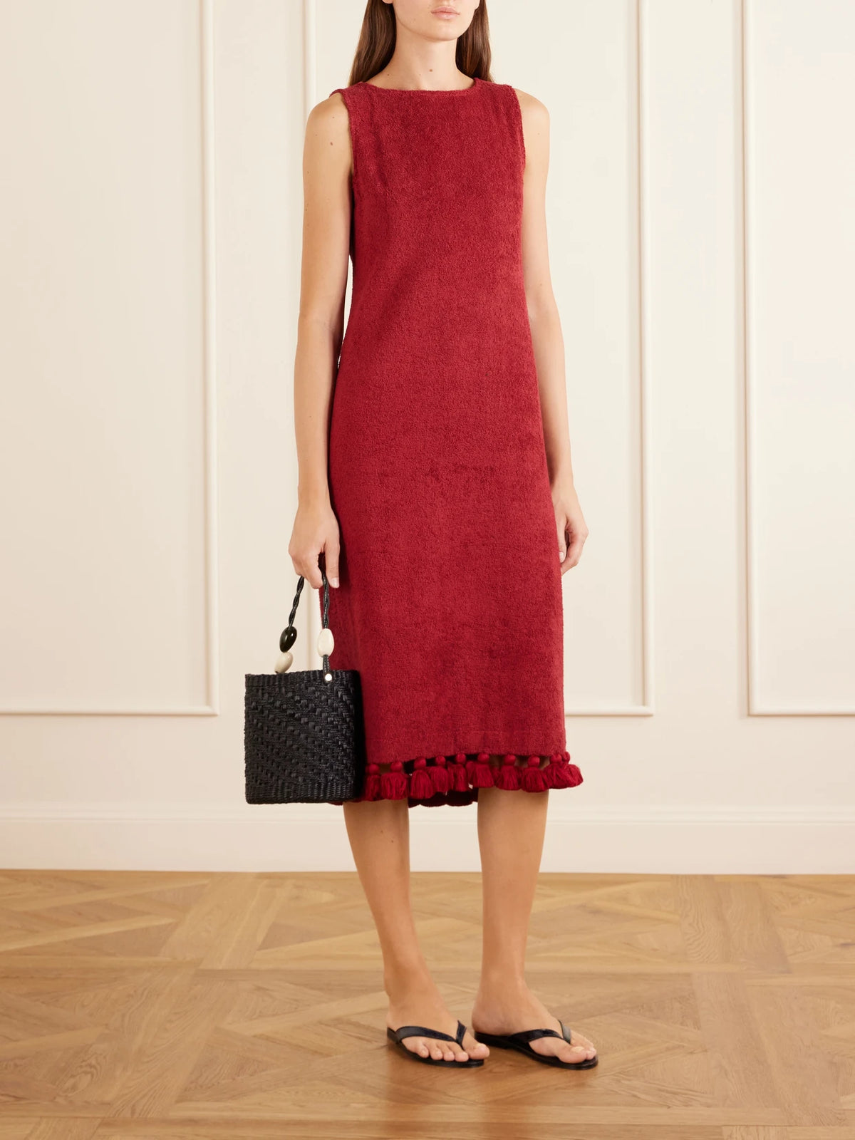 Image of Dresses. Product name - Aurelia Tasseled Cotton-terry Midi Dress in Red colour by brand - Cap d'Antibes