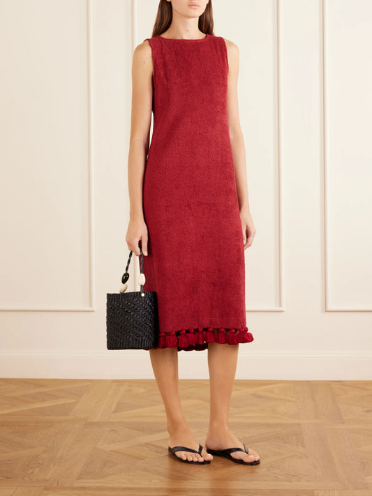 Image of Dresses. Product name - Aurelia Tasseled Cotton-terry Midi Dress in Red colour by brand - Cap d'Antibes