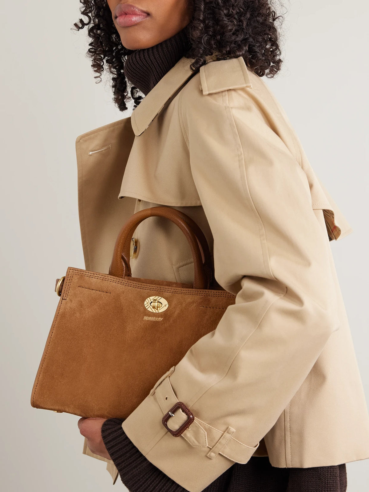 Image of Bags. Product name - Leather-trimmed Suede Tote in Tan colour by brand - Burberry