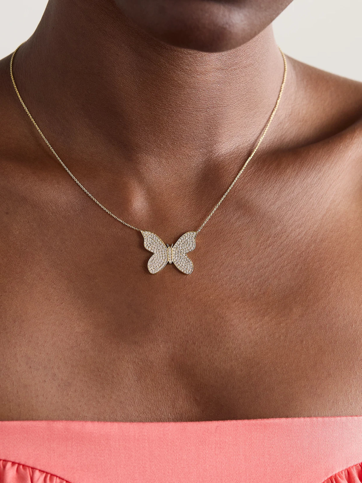 Image of Necklaces. Product name - Large Butterfly 14-karat Gold Diamond Necklace in Multi colour by brand - Sydney Evan
