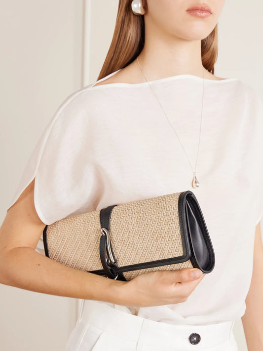 Image of Bags. Product name - Belted Leather-trimmed Raffia Clutch in Neutral colour by brand - Liffner