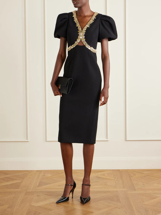 Image of Dresses. Product name - Alexandrite Embellished Cady Midi Dress in Black colour by brand - Rebecca Vallance