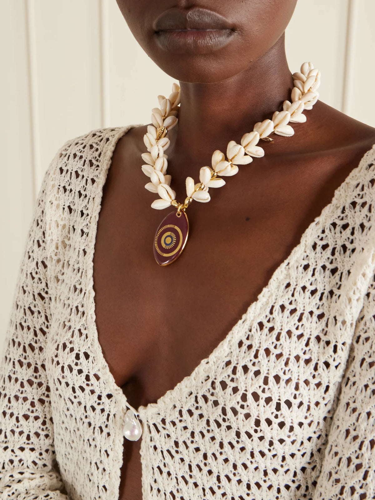 Image of Necklaces. Product name - Gold-plated, Seashell And Ceramic Necklace in Ivory colour by brand - Tohum