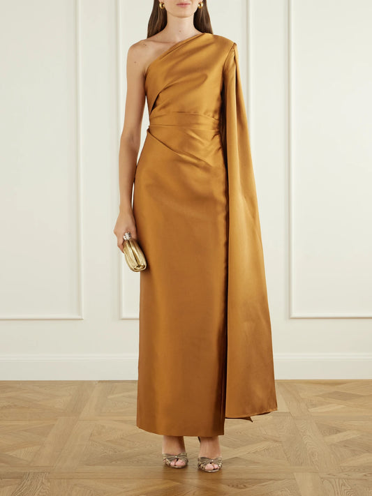 Image of Dresses. Product name - Veya One-shoulder Twill Gown in Bronze colour by brand - Solace London
