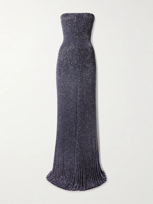 Strapless Sequin-embellished Metallic Ribbed-knit Gown