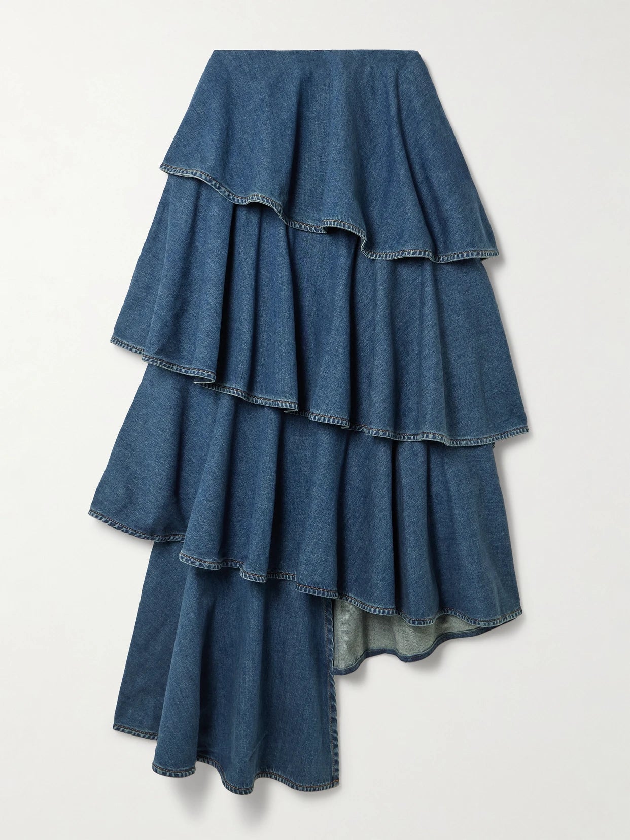 Asymmetric Ruffled Tiered Denim Skirt