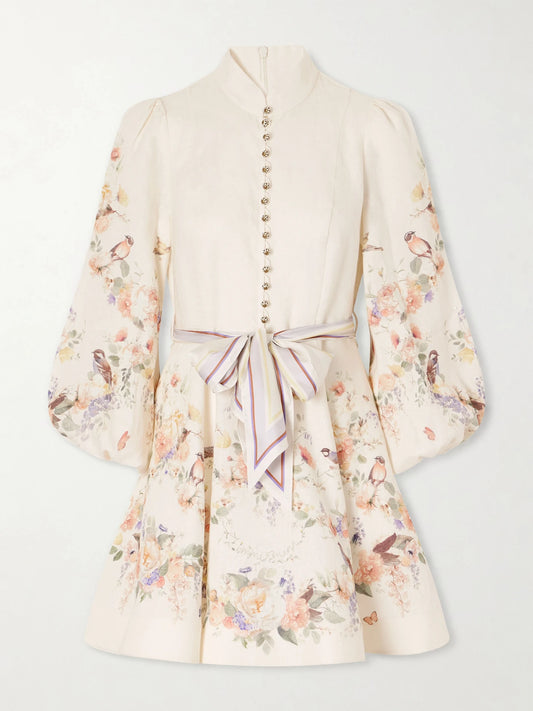 Zimmermann Valiant Belted Floral-print Linen Mini Dress