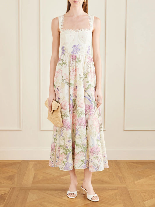 Image of Dresses. Product name - Crissy Floral Printed Cotton-blend Maxi Dress in Cream colour by brand - Charo Ruiz