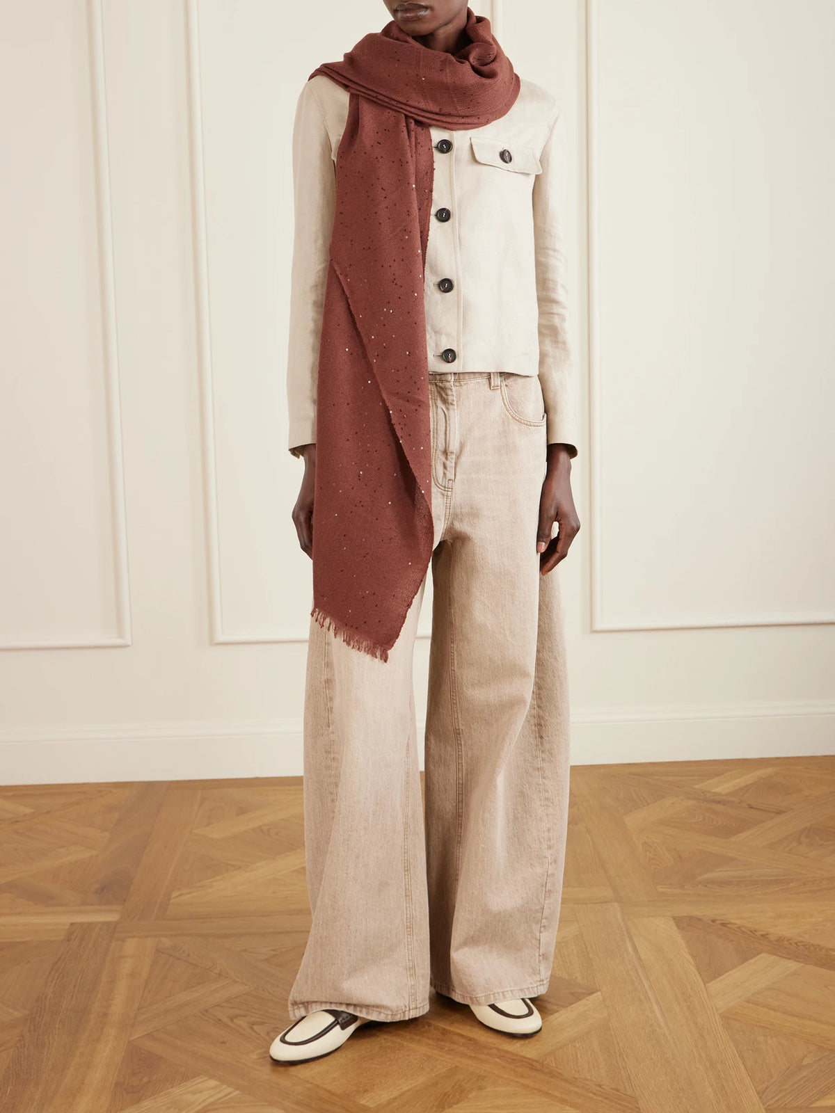 Image of Scarves & Shawls. Product name - Sequined Cashmere And Silk-blend Scarf in Burgundy colour by brand - Brunello Cucinelli
