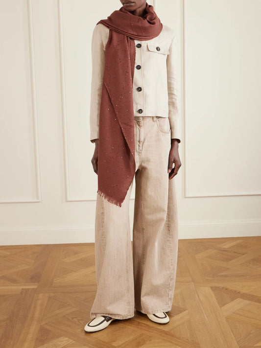Image of Scarves & Shawls. Product name - Sequined Cashmere And Silk-blend Scarf in Burgundy colour by brand - Brunello Cucinelli
