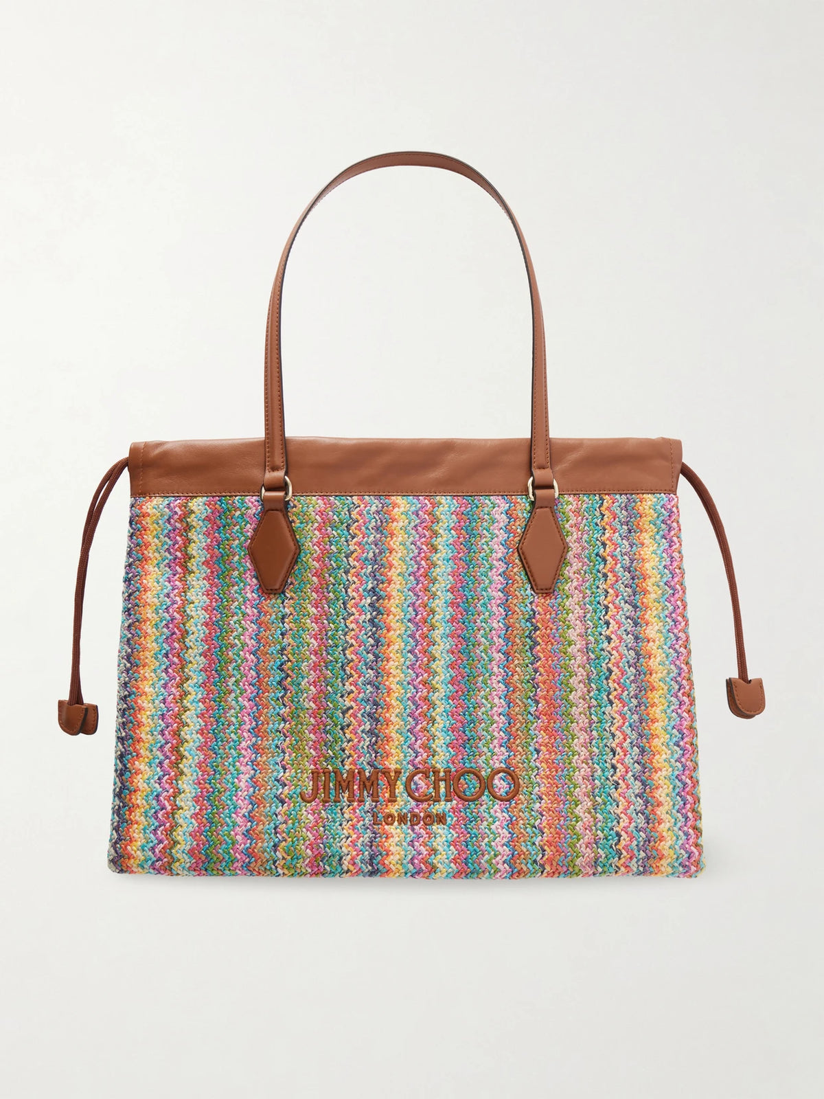 Leather-trimmed Striped Raffia Tote Bag