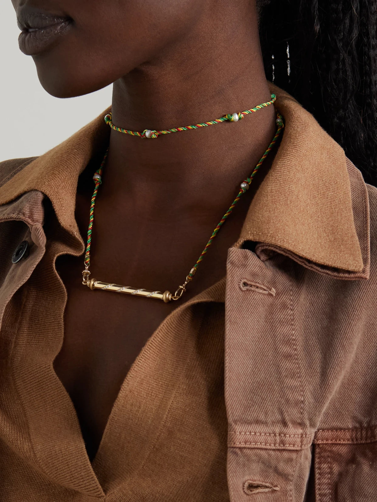 Image of Necklaces. Product name - Candy Cane 18-karat Gold, Cord, Pearl And Diamond Necklace in Multi colour by brand - Marie Lichtenberg