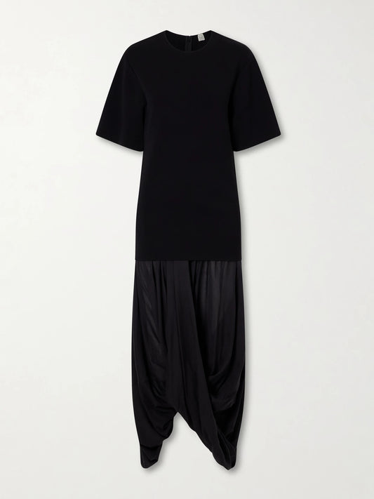 Image of Dresses. Product name - Cocoon Draped Voile-paneled Knitted Midi Dress in Black colour by brand - TOTEME