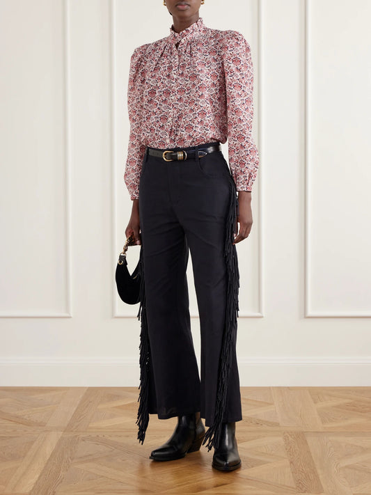Image of a model wearing Tops. Product name - Annabel Printed Cotton And Silk-blend Satin Blouse in Pink, Brown colour by brand - ALIX OF BOHEMIA
