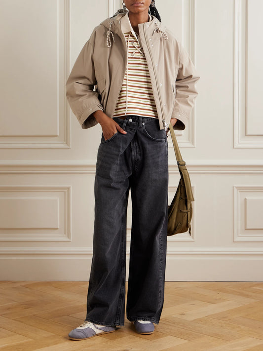 Image of a model wearing Tops. Product name - Lace-up Cropped Striped Cotton Polo Shirt in Multi colour by brand - Moncler