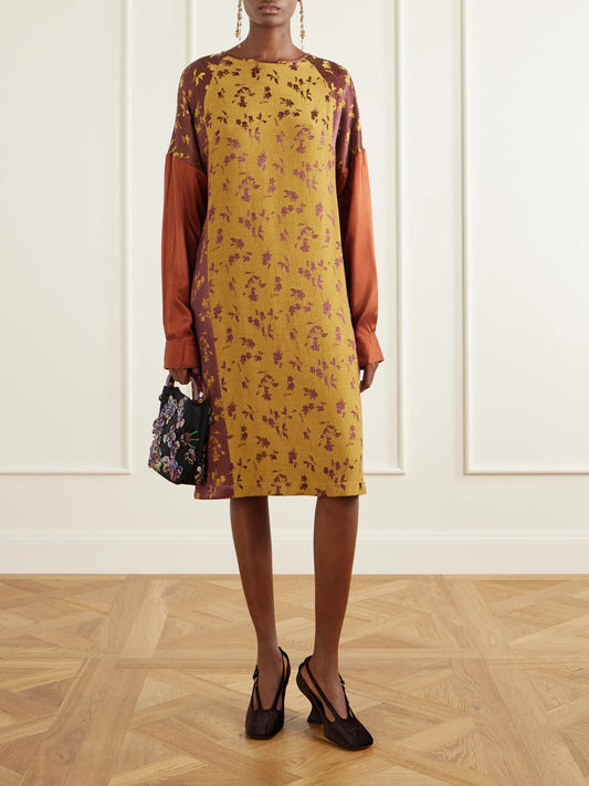 Image of Dresses. Product name - Crinkled Satin-trimmed Floral-jacquard Crepe Midi Dress in Mustard colour by brand - Dries Van Noten