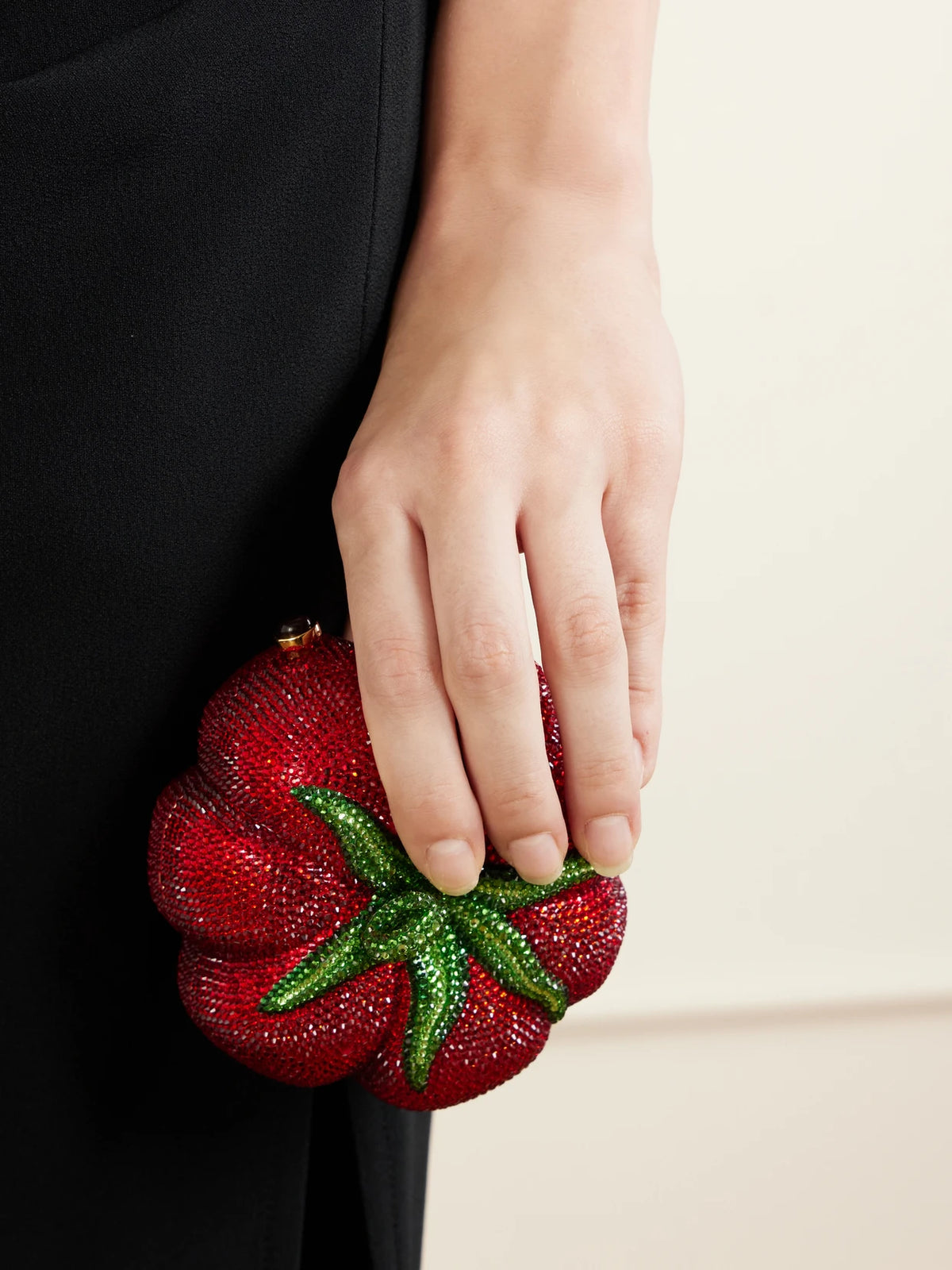 Image of Bags. Product name - Tomato Crystal-embellished Gold-tone Clutch in Red colour by brand - Judith Leiber Couture