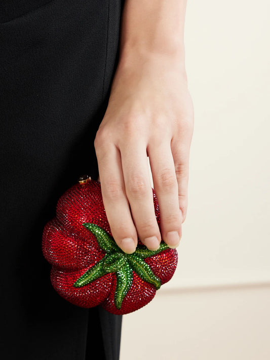 Image of Bags. Product name - Tomato Crystal-embellished Gold-tone Clutch in Red colour by brand - Judith Leiber Couture
