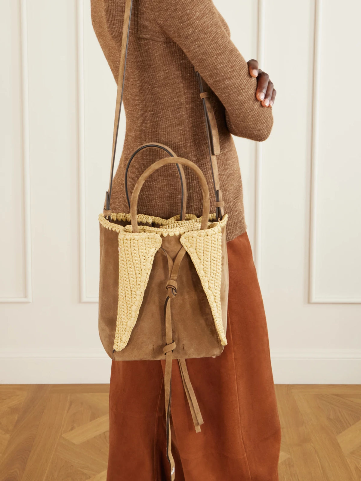 Image of Bags. Product name - Marija Small Suede Tote in Dark brown colour by brand - Gabriela Hearst