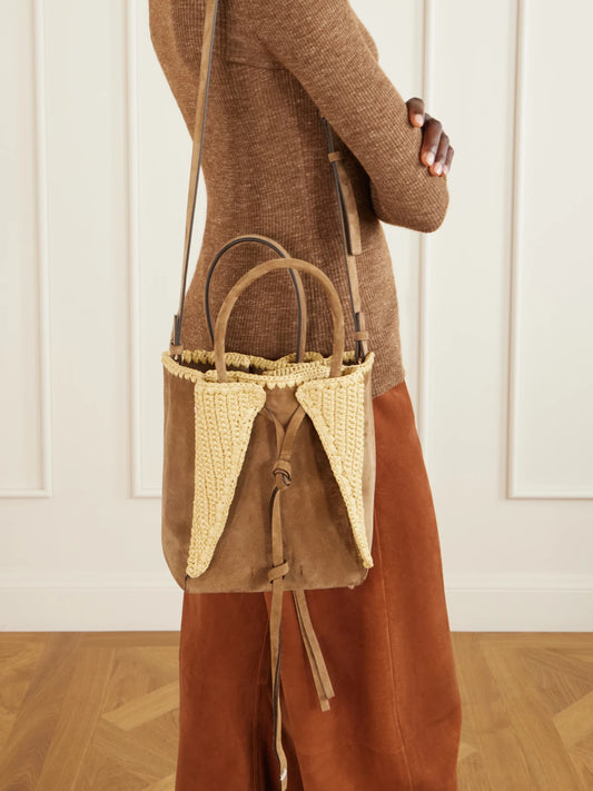 Image of Bags. Product name - Marija Small Suede Tote in Dark brown colour by brand - Gabriela Hearst