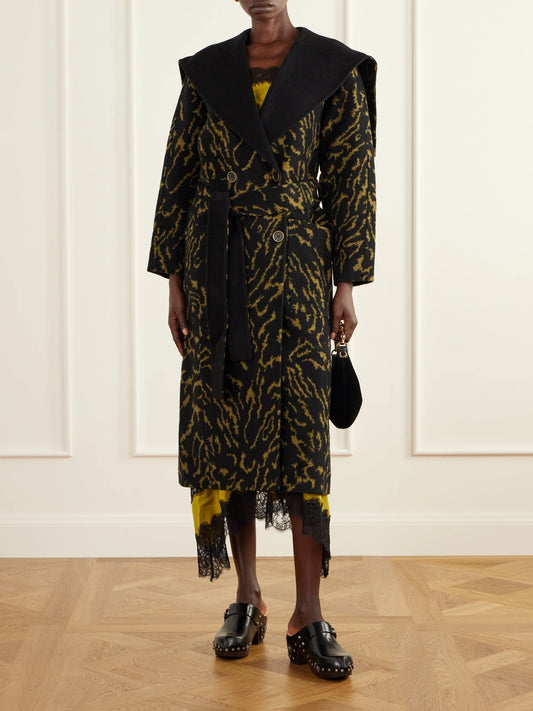 Image of Coats & Jackets. Product name - Rory Double-breasted Belted Jacquard-knit Wool And Cashmere-blend Coat in Black colour by brand - Ulla Johnson