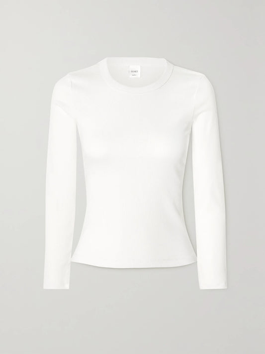 Image of a model wearing Tops. Product name - Kelly Ribbed Stretch-cotton Jersey Top in White colour by brand - LESET