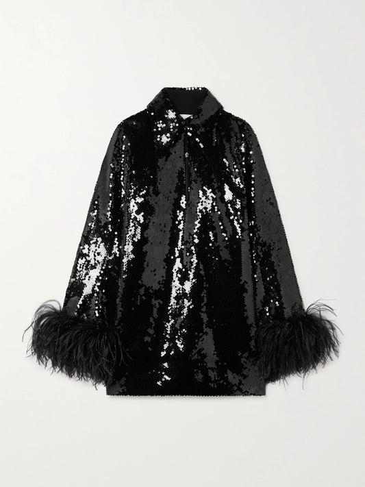 Image of Dresses. Product name - Michelle Feather-trimmed Sequined Crepe Mini Dress in Black colour by brand - 16ARLINGTON