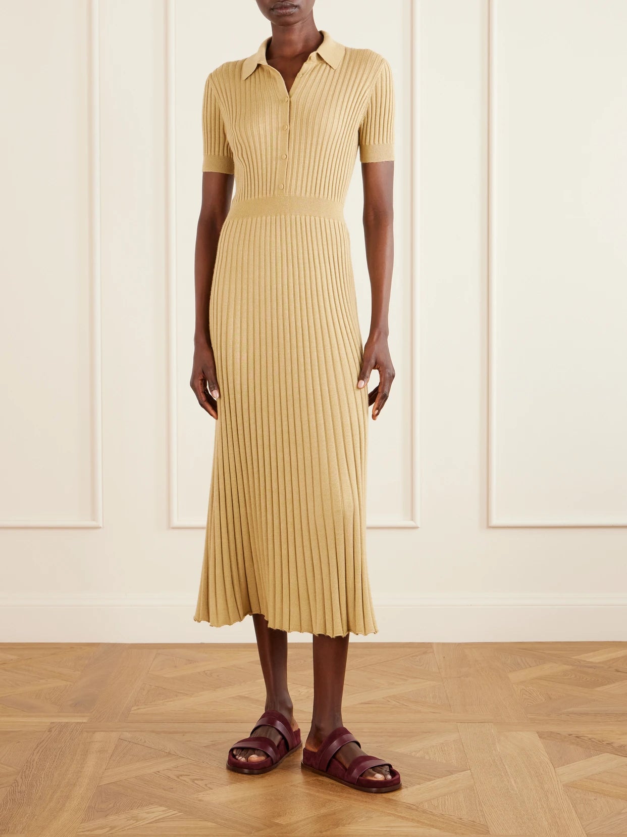 Image of Dresses. Product name - Amor Ribbed Silk And Cashmere-blend Midi Dress in Camel colour by brand - Gabriela Hearst