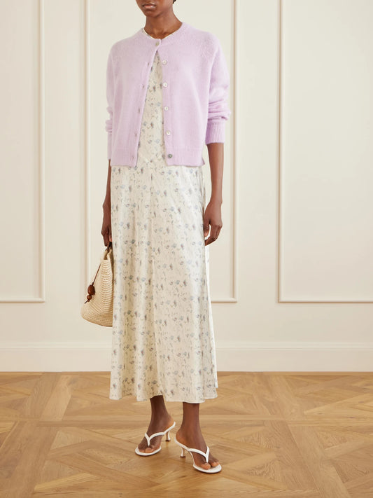 Image of Dresses. Product name - Adelana Floral-print Silk-satin Midi Dress in Off-white colour by brand - DÔEN