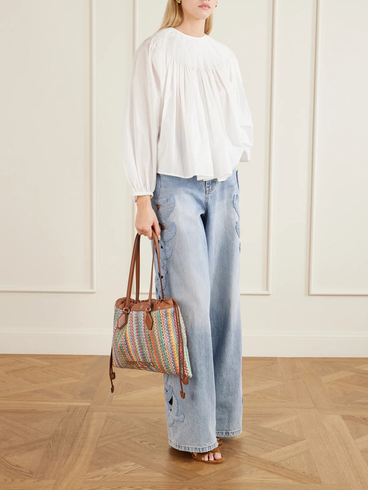 Leather-trimmed Striped Raffia Tote Bag