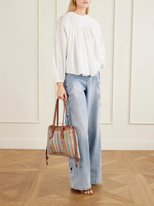 Leather-trimmed Striped Raffia Tote Bag