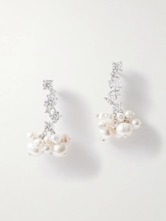 Rhodium-plated Recycled Silver Pearl And Crystal Earrings