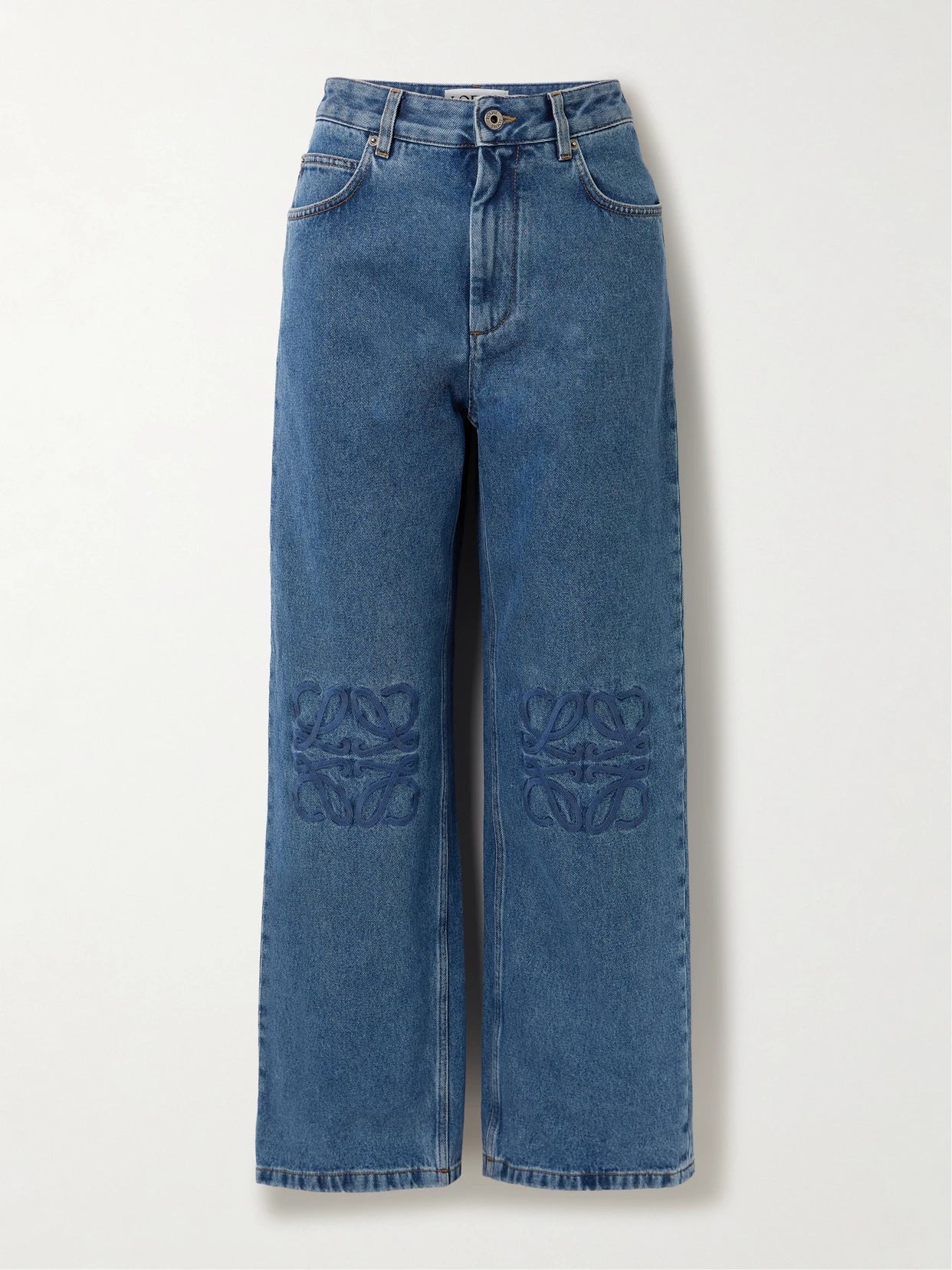 Image of Jeans. Product name - Anagram Embroidered High-rise Straight-leg Jeans in Mid denim colour by brand - LOEWE