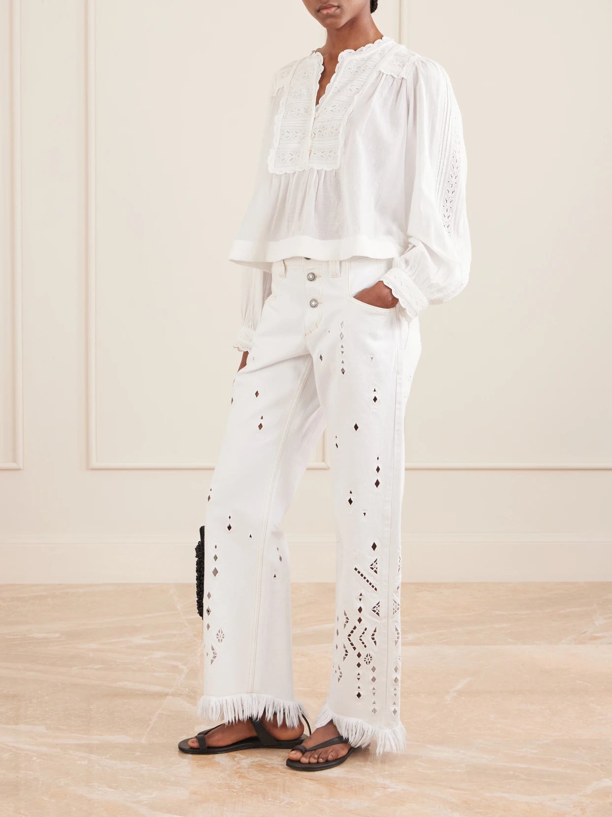 Image of a model wearing Tops. Product name - Eliza Broderie Anglaise-trimmed Cotton-blend Blouse in White colour by brand - Sea