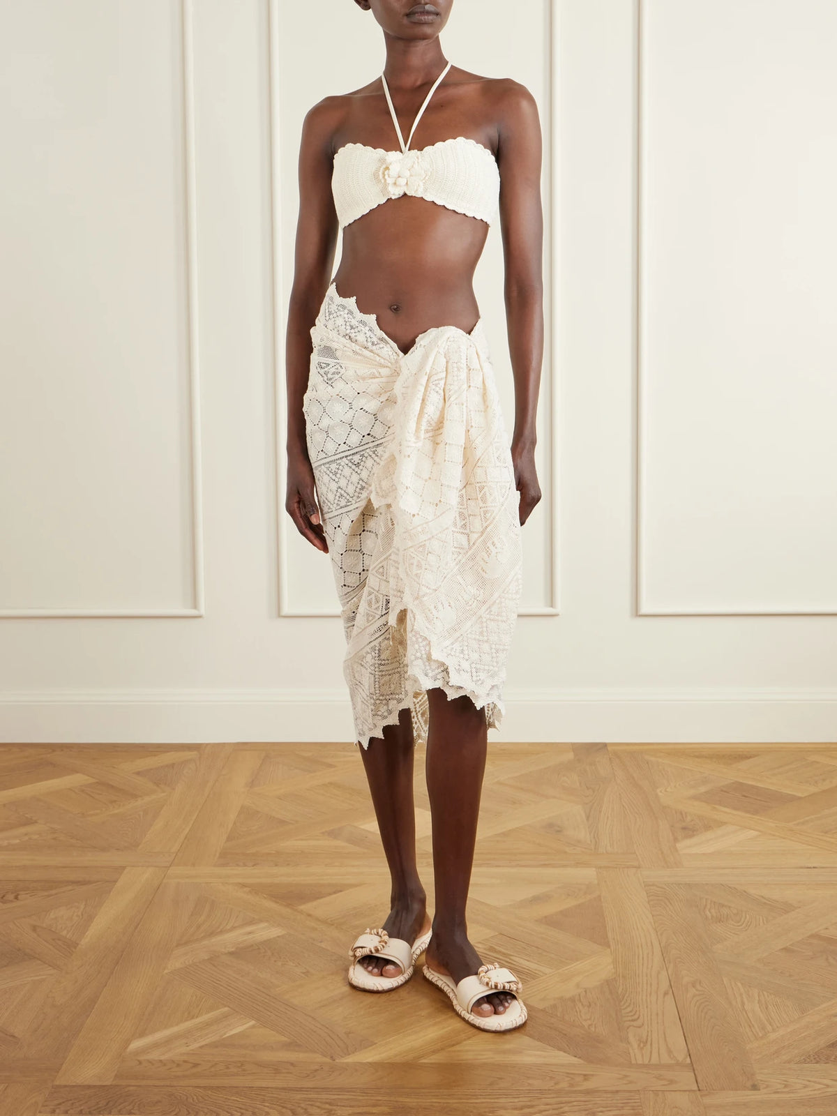 Image of Scarves & Shawls. Product name - Crocheted Cotton Pareo in Cream colour by brand - Zimmermann