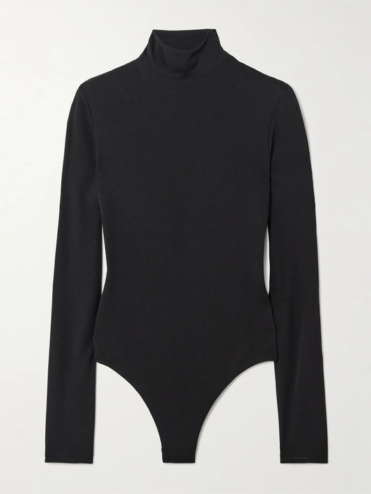Image of Bodysuits. Product name - Open-back Jersey Turtleneck Bodysuit in Black colour by brand - Alaïa