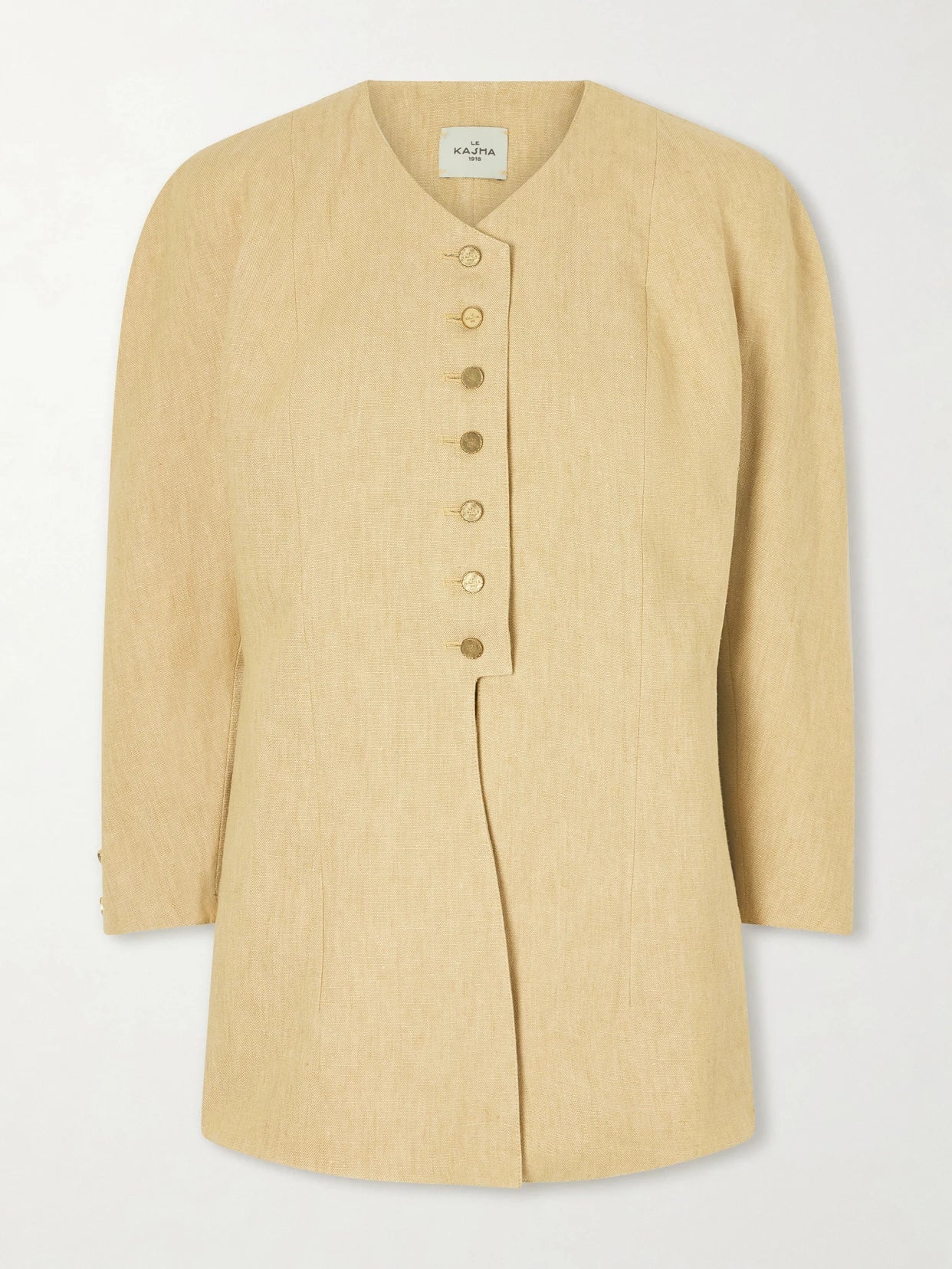 Image of a model wearing Tops. Product name - Amada Heavy Linen Jacket in Sand colour by brand - Le Kasha