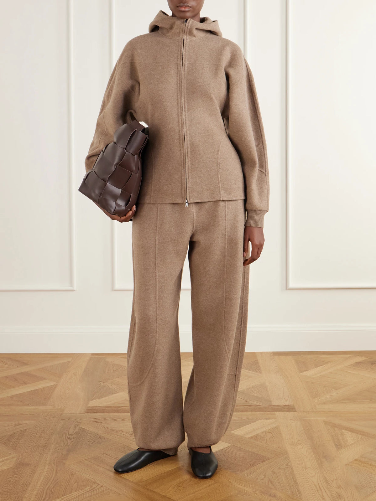 Image of a model wearing Outerwear. Product name - Filtro Hooded Wool And Cashmere-blend Zip-up Cardigan in Beige colour by brand - Max Mara