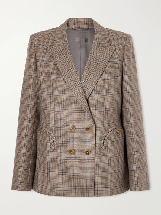 Image of Coats & Jackets. Product name - Saona Charmer Double-breasted Checked Virgin Wool Blazer in Beige colour by brand - BLAZÉ Milano