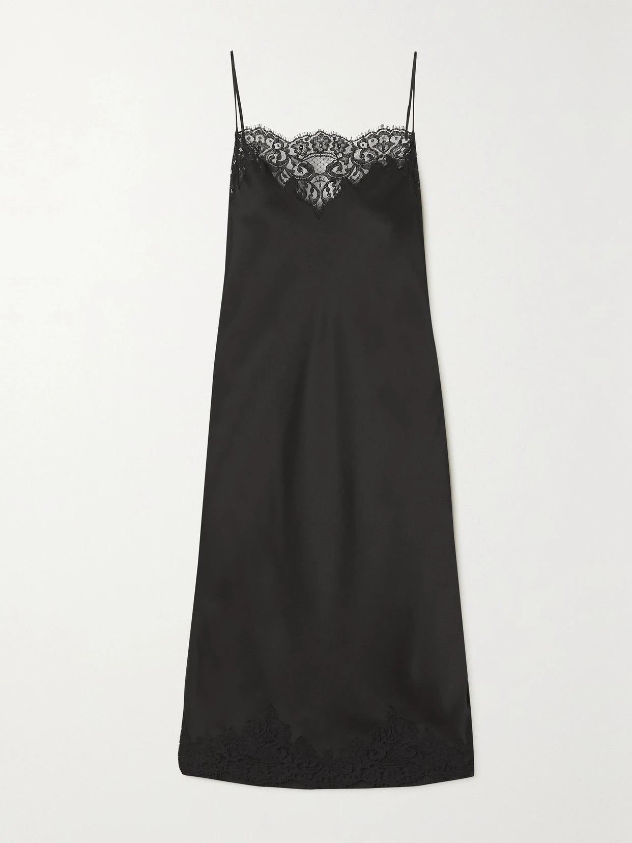 Image of Dresses. Product name - Lace-trimmed Satin Midi Dress in Black colour by brand - Stella McCartney