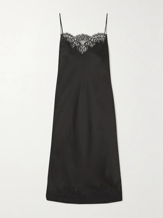 Image of Dresses. Product name - Lace-trimmed Satin Midi Dress in Black colour by brand - Stella McCartney