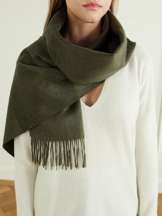Image of Scarves & Shawls. Product name - Blaine Fringed Silk And Cashmere-blend Scarf in Army green, Ivory, Burgundy colour by brand - Gabriela Hearst