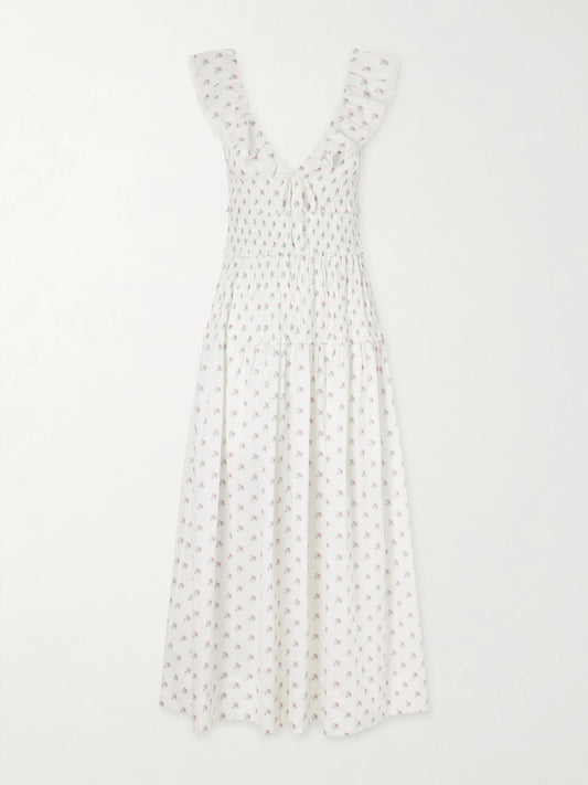 Image of Dresses. Product name - Sorina Tiered Embroidered Floral-print Organic Cotton Midi Dress in White colour by brand - DÔEN