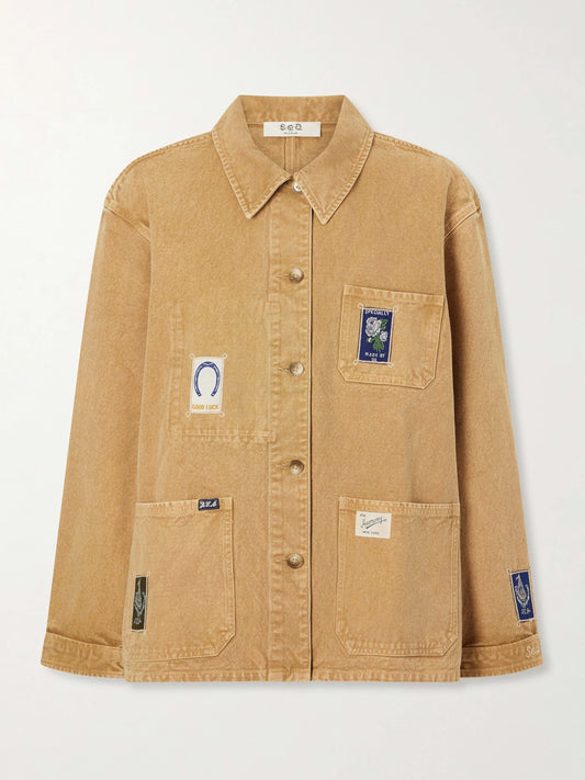 Image of Coats & Jackets. Product name - Winslow Patch-detailed Denim Jacket in Camel colour by brand - Sea