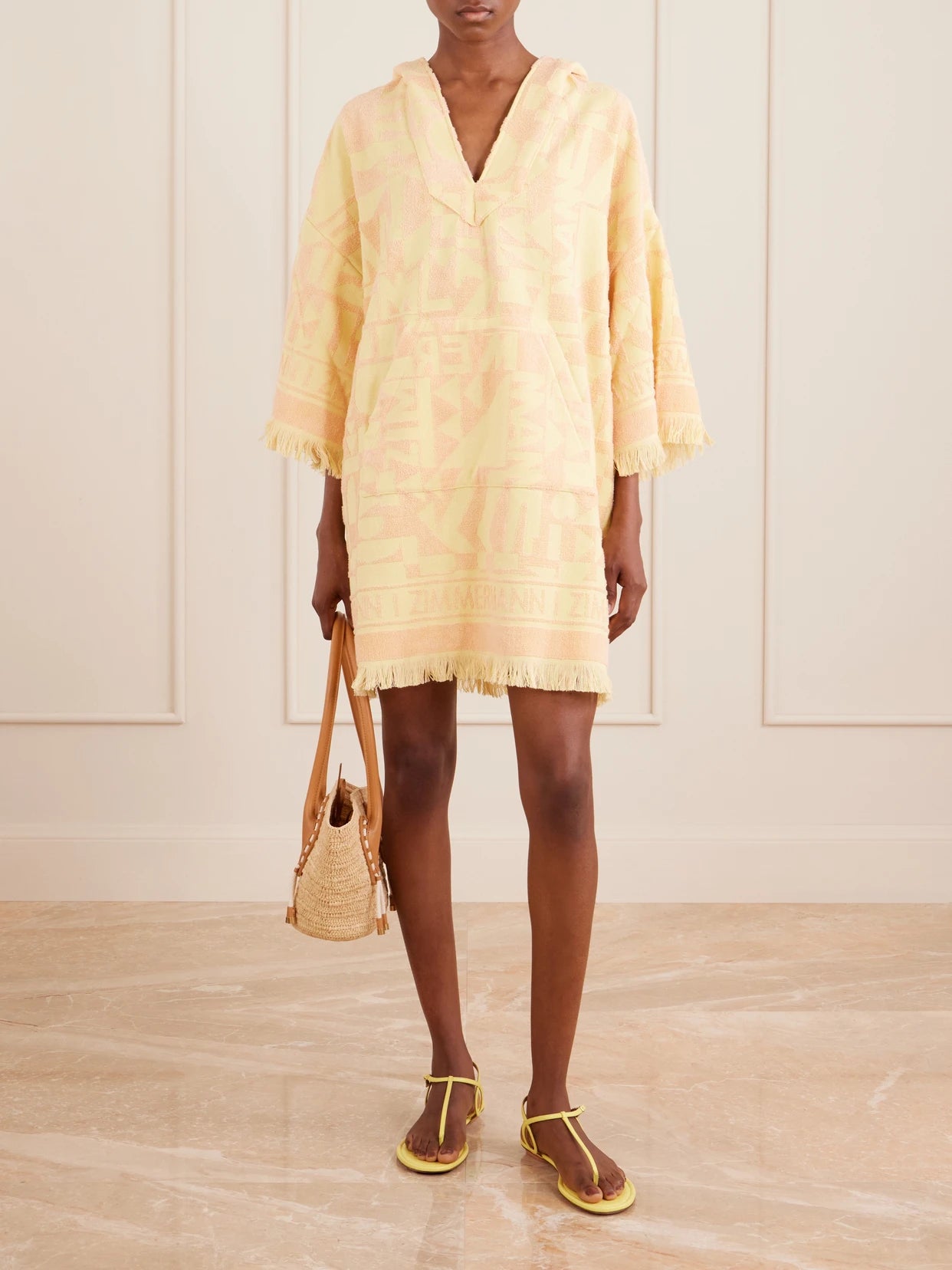 Image of Swimwear. Product name - Solstice Hooded Fringed Jacquard-knit Cotton-terry Coverup in Yellow colour by brand - Zimmermann