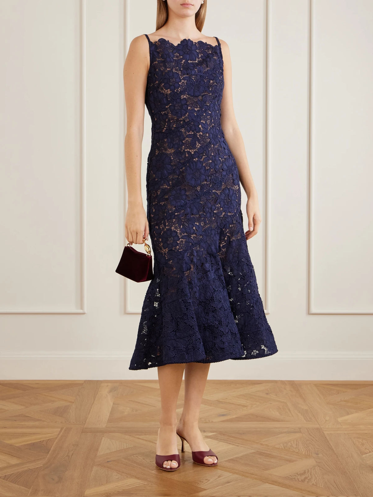 Image of Dresses. Product name - Scalloped Lace Midi Dress in Navy colour by brand - Self-Portrait