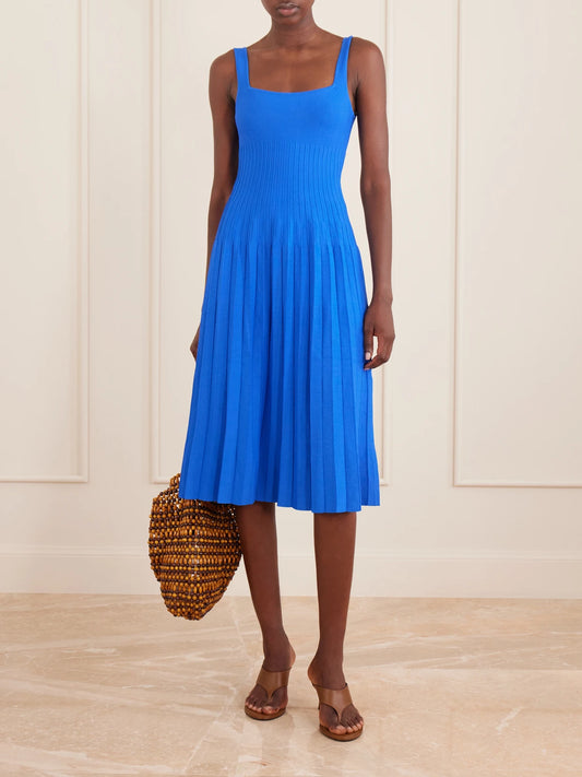 Image of Dresses. Product name - Ellison Pleated Knitted Stretch-jersey Midi Dress in Cobalt blue colour by brand - STAUD