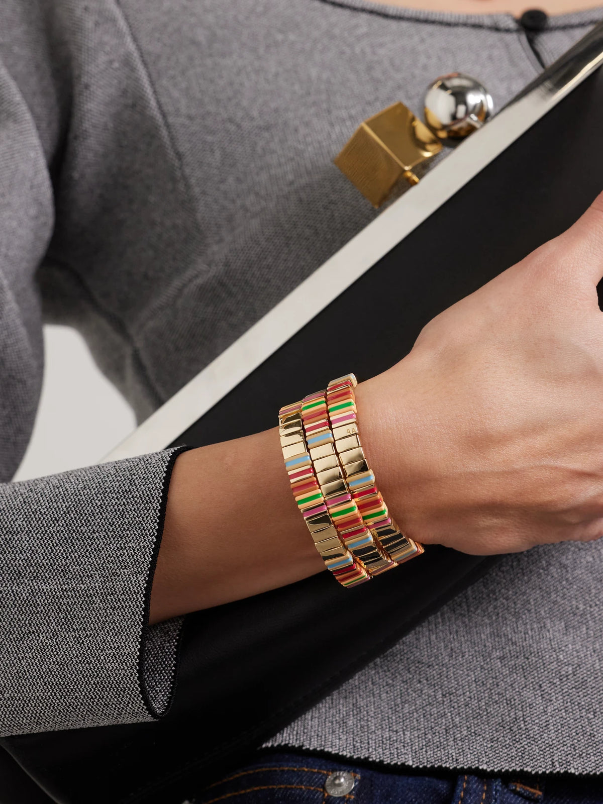 Image of Bracelets. Product name - The Happy Stack Set Of Three Gold-tone And Enamel Bracelets in Multi colour by brand - Roxanne Assoulin